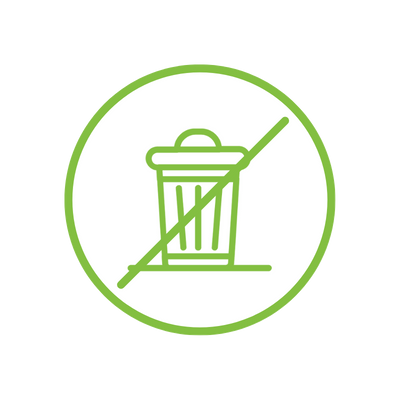 Green icon of a garbage can with a line going through it to show less waste.  