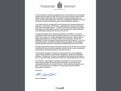 Lettre de soutien du ministre canadien de l'environnement et du changement climatique, Steven Guilbeault, déclarant octobre 2022 Mois de l'économie circulaire au Canada. 