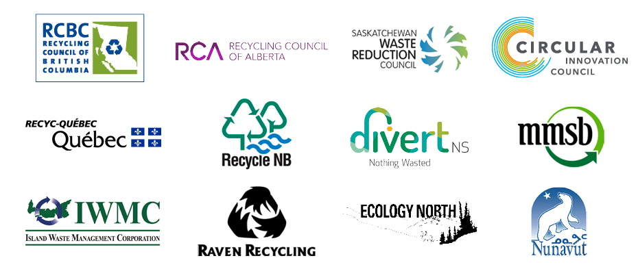 Image containing logos of Circular Economy Month Provincial partners: Recycling Council of British Columbia, Recycling Council of Alberta, Saskatchewan Waste Reduction Council, Circular Innovation Council, Recyc-Quebec, Recycle NB, Divert BS, MMSB, Island Waste Management Corporation, Raven Recycling, Ecology North, Nunavut. 