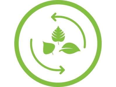 Green icon of three leaves inside of two arrows.