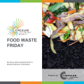 A pile of food waste scraps, including orange peels, green onion slices, potato peels, and egg shells, sit atop a pile of rich, brown-black compost. Food Waste Friday. Circular Economy Month, powered by Circular Innovation Council. #CircularEconomyMonth #WasteReductionWeek.