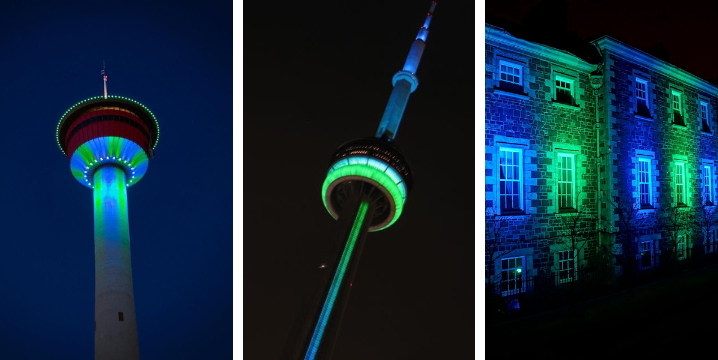 Calgary Tower (Calgary, Alberta), CN Tower (Toronto, Ontario), and Government House (St.John’s, Newfoundland and Labrador) lit blue and green.