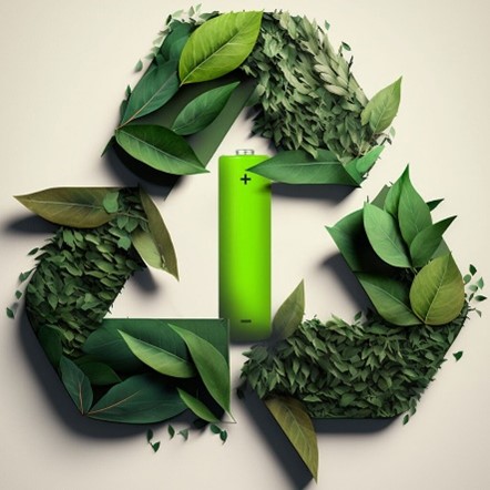 A recycling symbol mobius loop made of greenery. A green battery rests in the center. 