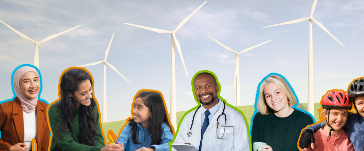 A variety of people, including a teacher, doctor, children, professional, and young adult gathered together in the foreground. Wind turbines are featured in a faded background.