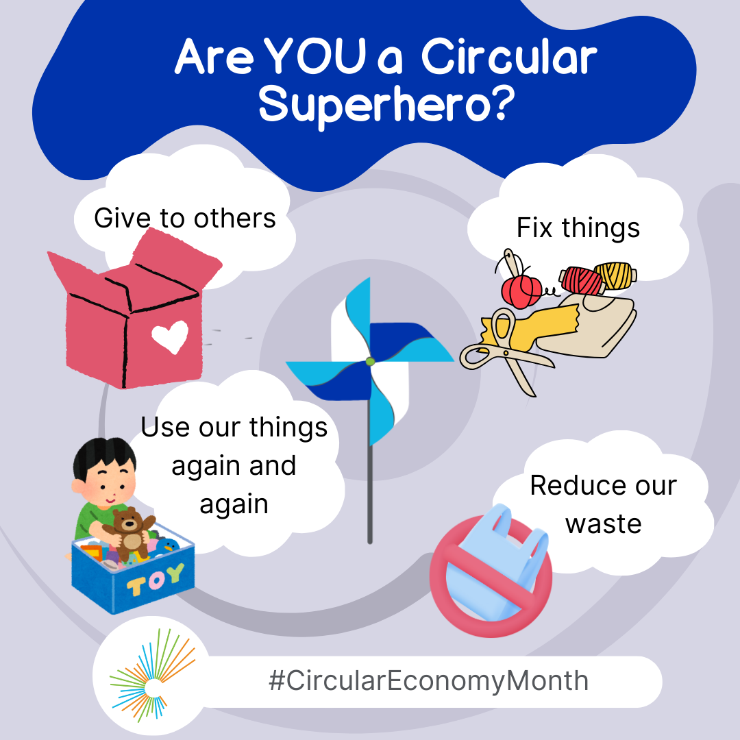 PNG format file: Circular Superhero graphic featuring a child's wind-catcher spinning in the centre. Four actionable tips gust around it: give to others, fix things, reduce our waste, and use our things again and again. #CircularEconomyMonth