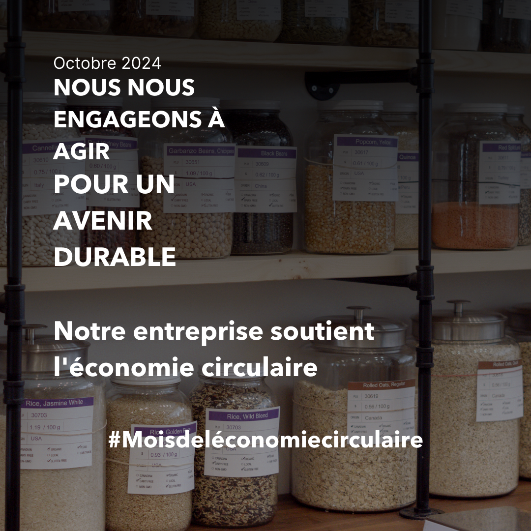 jarres en verre dans une raffinerie. Le texte se lit comme suit : Octobre 2024 Nous nous engageons à agir pour un avenir durable, Notre entreprise soutient l'économie circulaire. #moisdeléconomiecirculaire