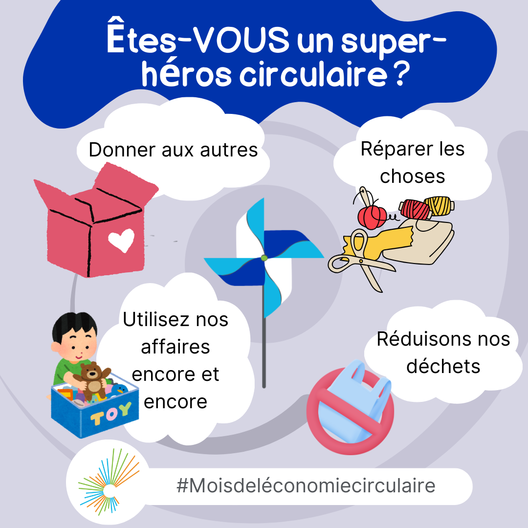 Êtes-vous un super-héros circulaire ? Le capteur de vent d'un enfant tourne au centre. Autour de lui, quatre conseils pratiques : donner aux autres, réparer les choses, réduire nos déchets et réutiliser nos objets à l'infini. #Mois de l'économie circulaire