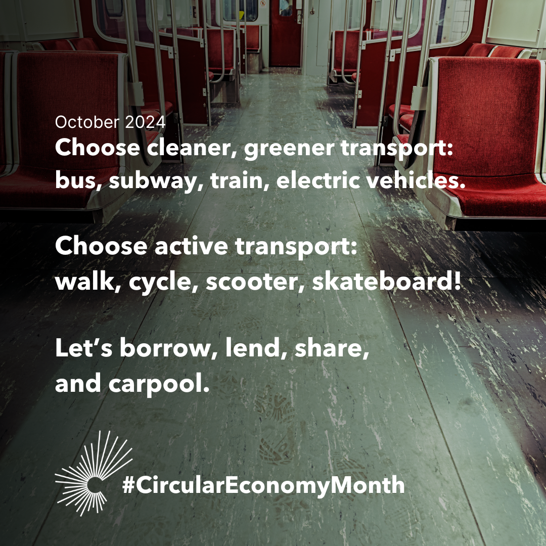 The interior of a city's subway car featuring red seats. Footprints are visible on the ground, indicating high use. October 2024. Choose cleaner, greener transport: bus, subway, train, electric vehicles. Choose active transport: walk, cycle, scooter, skateboard! Let's borrow, lend, share, and carpool. #CircularEconomyMonth.