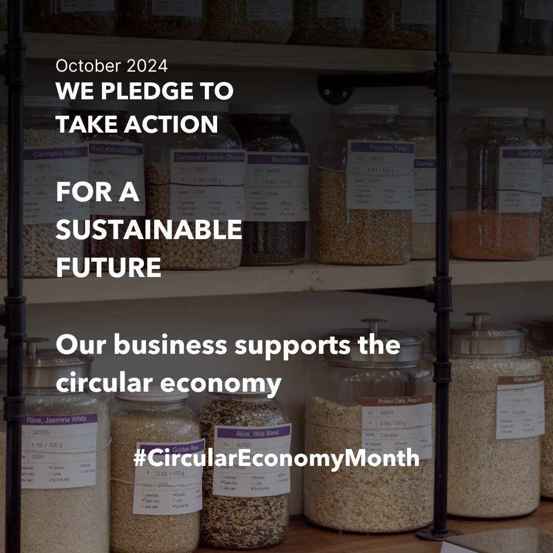 Glass jars in a refillery. October 2024 We pledge to take action for a sustainable future, Our business supports the circular economy. #circulareconomymonth