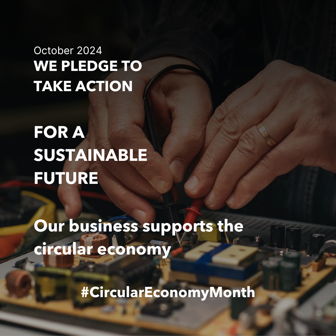 A person repairing an electronic board. October 2024. We pledge to take action for a sustainable future, Our business supports the circular economy. #circulareconomymonth