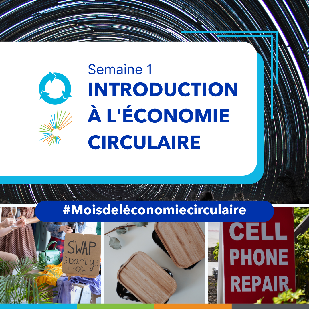 Semaine 1 : Introduction à l'économie circulaire. Des lumières circulaires, une fête d'échange de vêtements, des récipients alimentaires réutilisables et un panneau indiquant la réparation de téléphones portables. #Moisdeléconomiecirculaire