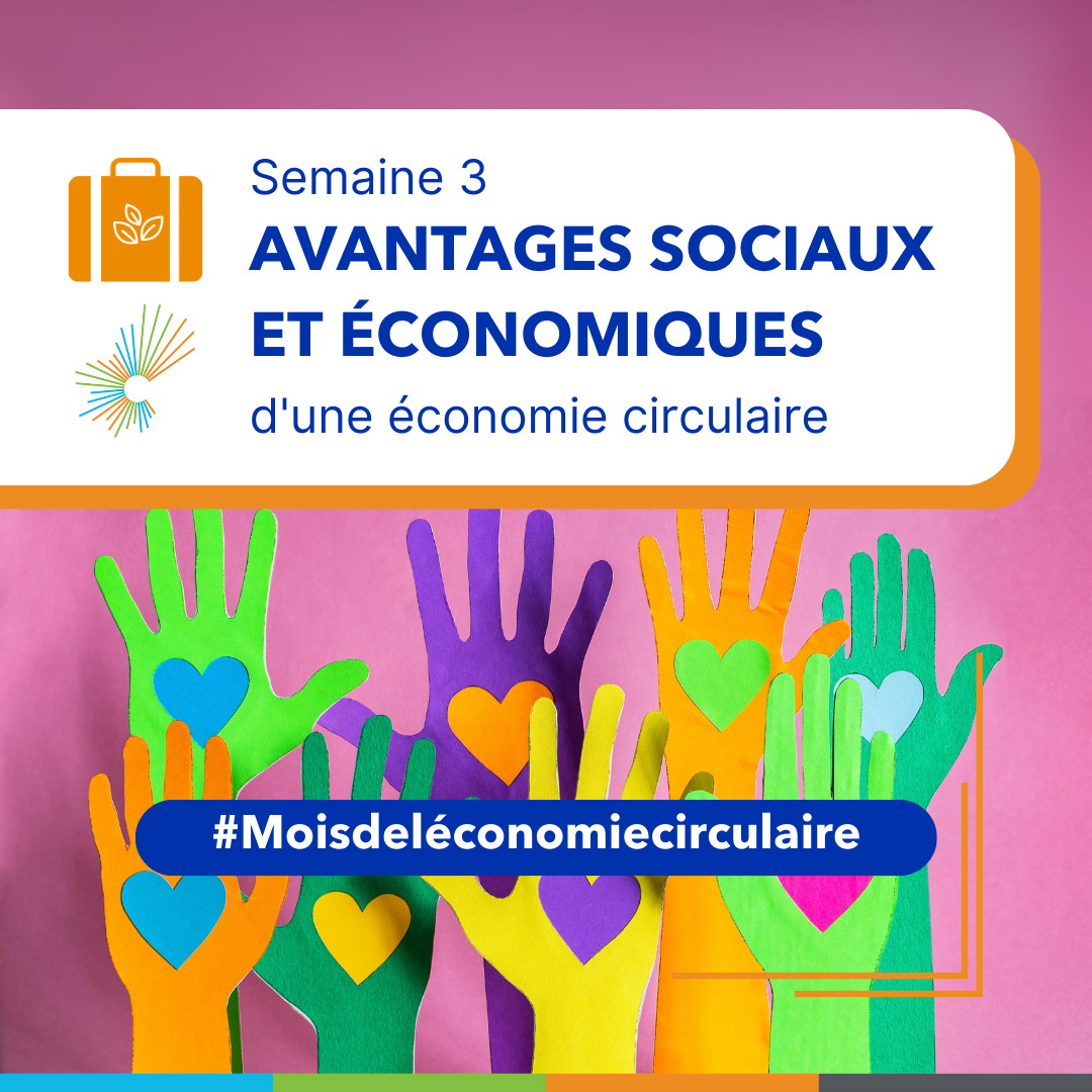 Semaine 3 : Avantages sociaux et économiques de l'économie circulaire. Les mains découpées en papier de construction de couleurs vives sont ornées de cœurs de couleurs complémentaires sur les paumes. Ils s'élèvent vers le centre de l'image à partir de la bordure inférieure. #Moisdeléconomiecirculaire