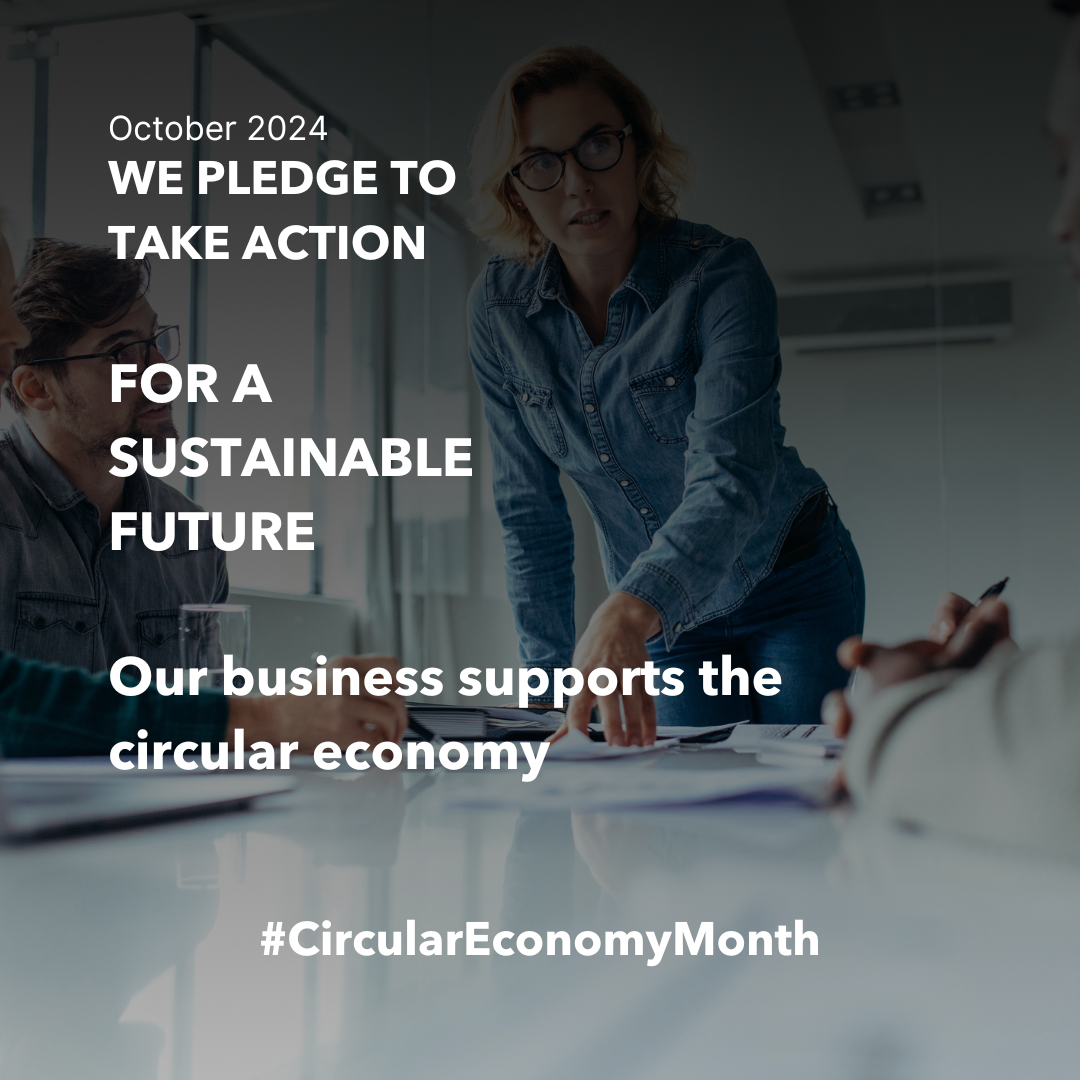 A person leads a business meeting., engaged in conversation with a team member out of frame. October 2024. We pledge to take action for a sustainable future, Our business supports the circular economy. #circulareconomymonth