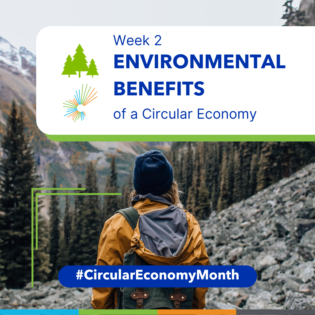 Week 2: Environmental Benefits of a Circular Economy. #CircularEconomyMonth. Wearing a yellow rain jacket and a toque, a person observes the rolling mountainous landscape of the Rockies.