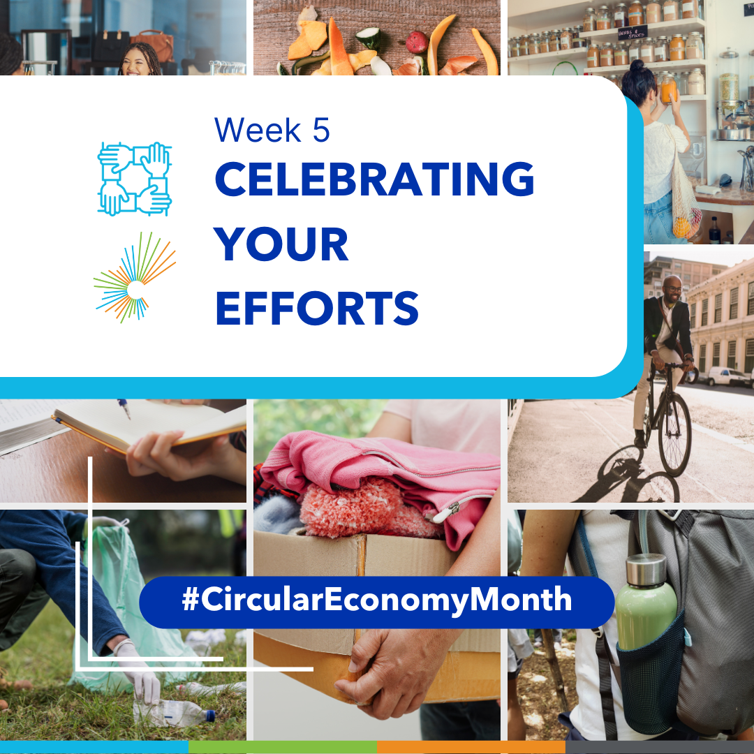 Collage of action shots including refilling groceries from bulk, riding a bicycle to work, donating items, and using a reusable water bottle. Week 5: Celebrating Your Efforts. #CircularEconomyMonth