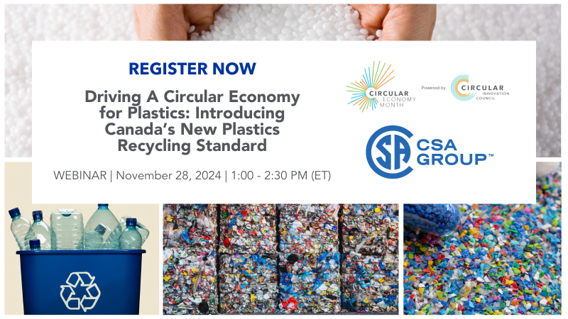 Register now: Driving a Circular Economy for Plastics: Introducing Canada's New Plastics Recycling Standard. Webinar: November 28th, 2024, 1-2:30 PM ET. Circular Economy Month, powered by Circular Innovation Council, with champion sponsor CSA Group. Background collage of plastic pellets, recycling bales, and plastic bottles in a recycling bin.